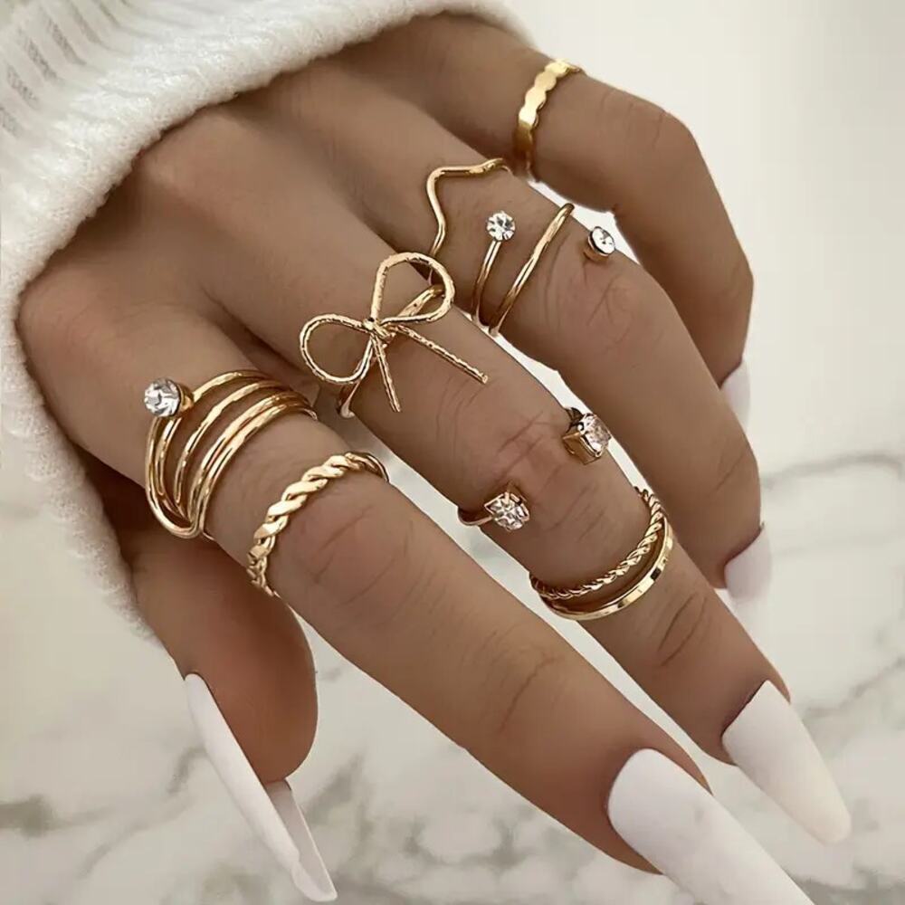 NEW 8pc Gold Ring Set – Coquette Bow, Braided & Adjustable Rings Size 6-7 - Picture 2 of 5